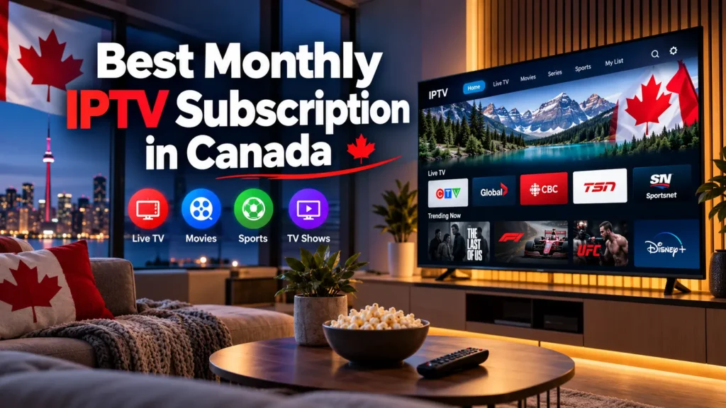 Best Monthly IPTV Subscription in Canada featuring live TV, movies, sports, and streaming on a modern television.