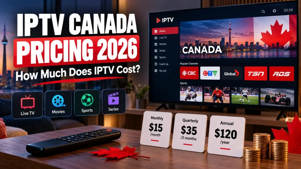 IPTV Canada Pricing 2026 comparing monthly, quarterly, and annual subscription costs.
